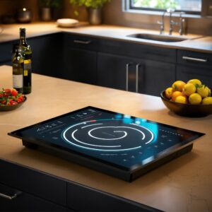 gadget de una tablet conectado a una vitro de una cocina