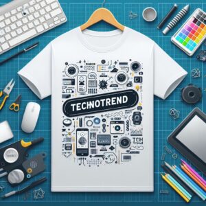 cCamiseta TecnoTrend 2 con letras y gadget dibujados alrededor. es blanca