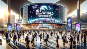 Imagen hecha con IA que se muestra el cartel del mobile world congress con empresarios delante